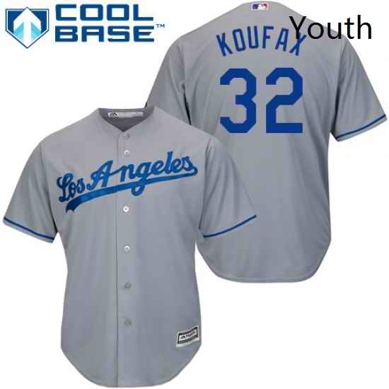 Youth Majestic Los Angeles Dodgers 32 Sandy Koufax Replica Grey Road Cool Base MLB Jersey